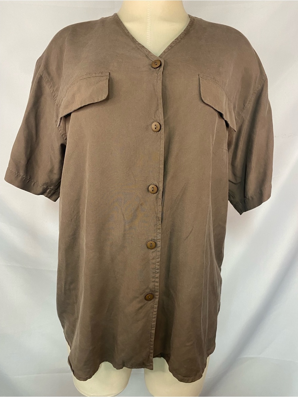 Sostanza 100% Silk Button-Front Short Sleeve Brown Shirt Women’s Medium
